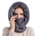 thumbnail image 4 of URMAGIC Winter Hats for Women, Warm Hooded Head Scarf Wrap Knitted Faux Fur Fleece Balaclava Hat with Drawstring Gray, 4 of 7