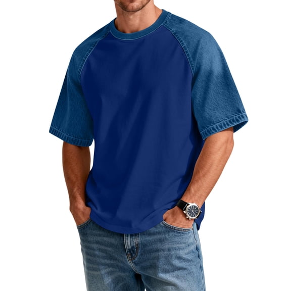 Havenx Raglan Sleeve T-Shirts for Men Denim Short Sleeve T Shirts Patchwork Round Neck Tee Contrast Colors Workout Lightweight Classic Athletic Sports Tops,Blue S