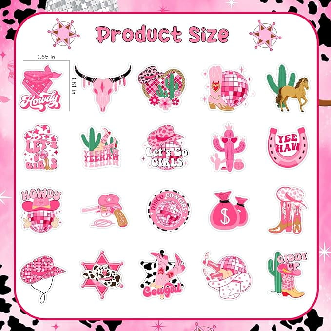 Serencatcher 100pcs Disco Cowgirl Stickers Decals, Lets Go Girls Party Favors Stickers for Water Bottle Skateboard Laptop, Yeehaw Stickers for Western Space Cowgirl Birthday Bachelorette Party Favors