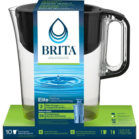 Brita 10 Cup Large Plastic Water Filter Pitcher, Black, BPA Free with 1 Brita Elite Filter