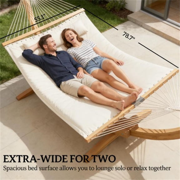 White Double-person Swing Hammock, Equipped with Detachable Pillow, Side Storage Bag, and Anti-tilt V-shaped Support