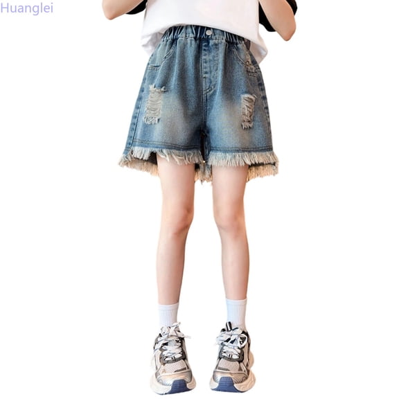 Huanglei Girls Denim Shorts Summer Edition Slim Fit Little/Big Kids With Distressed Details For Everyday Casual Wear ,Girls Short Denim Pants /Size 5-6 Years(Blue)