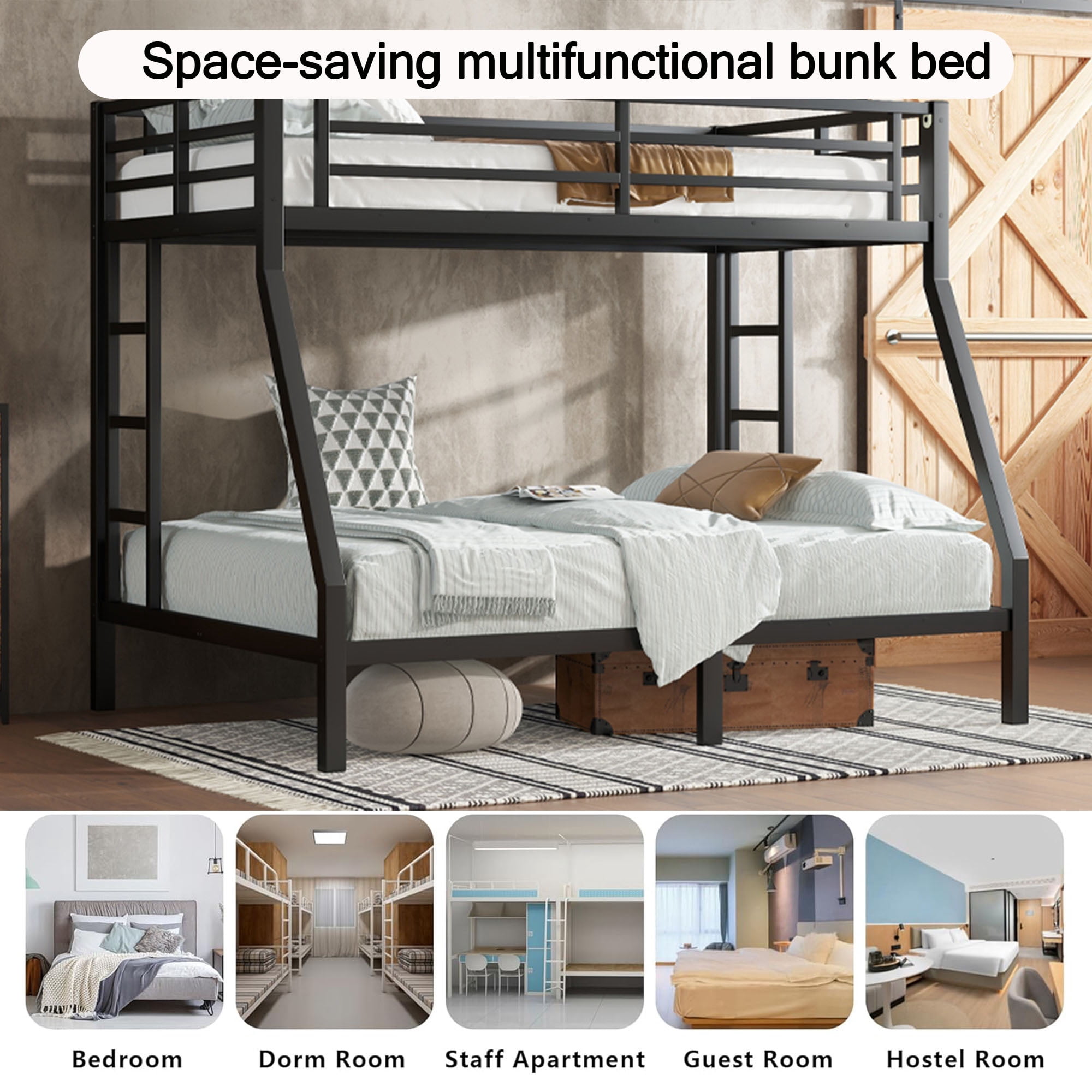 Miniyam Twin over Full Metal Bunk Bed with Guardrail, Dual Ladders, Quiet Slat Support, Under-Bed Storage, Black