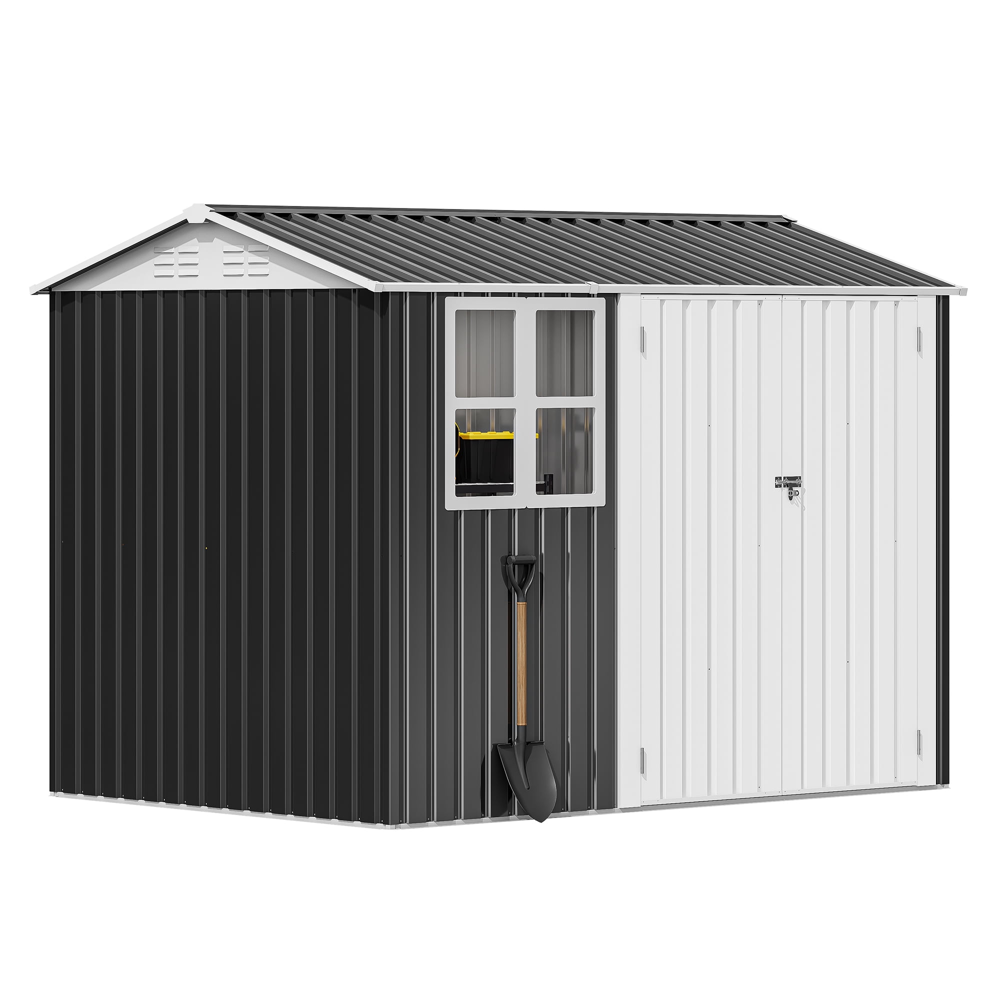 ModFusion 8x6 ft Storage Shed with Large Window, Lock, Galvanized Metal, Shutter Vents, Garden Tools Bike Storage Pool Supplies Organizer, Dark Gray and White
