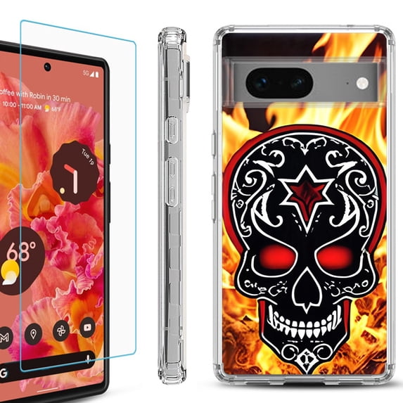 OneToughShield ® for Google Pixel 7a Shockproof Bumper Phone Case, with Tempered Glass Screen Protector - Skull Flames