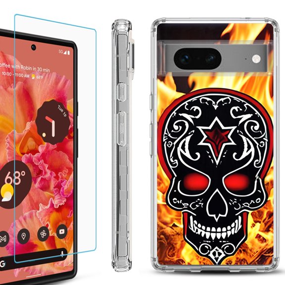 OneToughShield for Google Pixel 7a Shockproof Bumper Phone Case, with Tempered Glass Screen Protector - Skull Flames