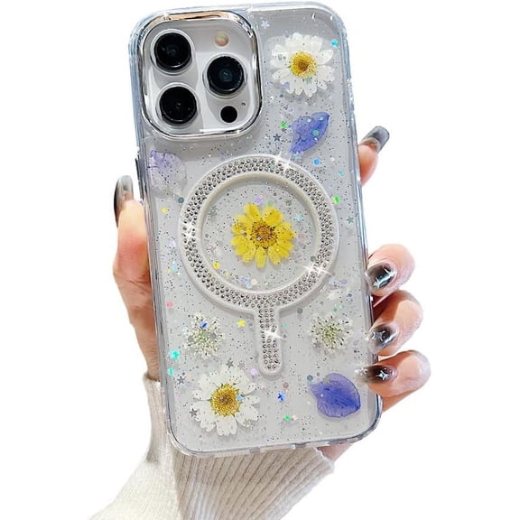 for iPhone Case,[Compatible with MagSafe] Luxury Drip Glue Real Press Flower Glitter Bling Sparkly Rhinostone Shockproof Phone Case (White,iPhone 15)