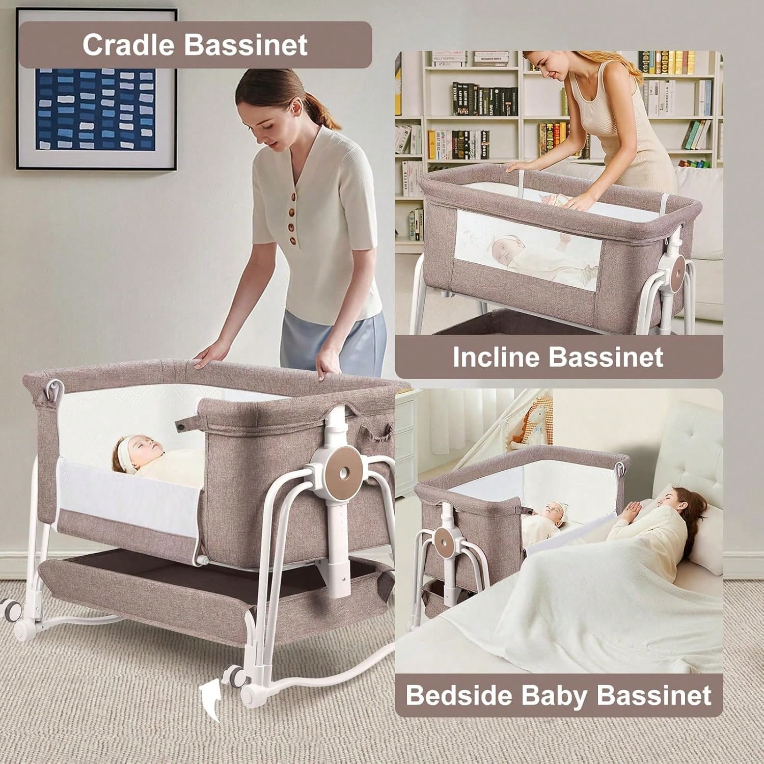 PRVAETU 4-in-1 Baby Bassinet & Bedside Sleeper for Babies, 7-Level Height Adjustable, Wheels with Storage Basket, Breathable Mesh,Khaki