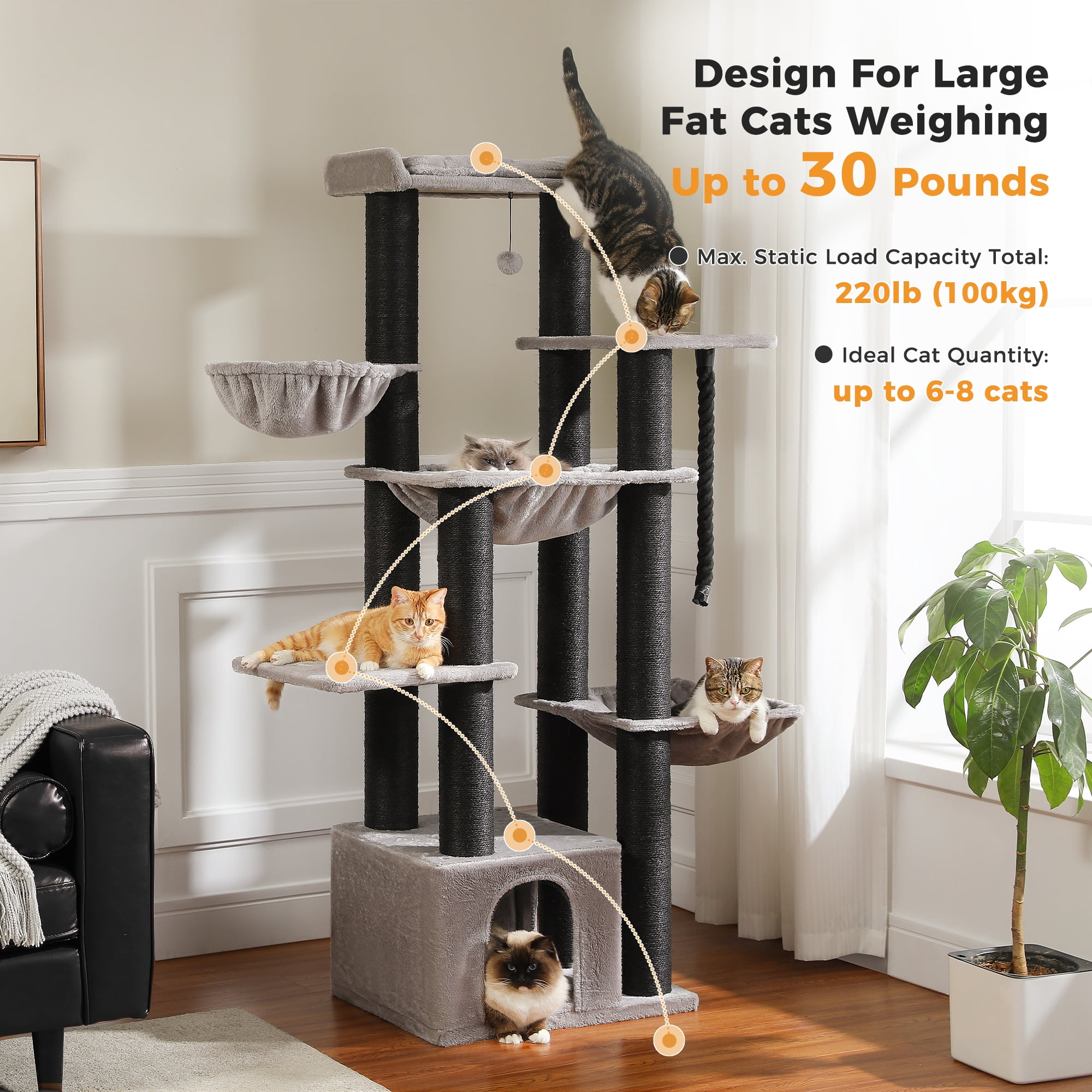 PAWZ Road 67" Extra Large Cat Tree, Thick Scratching Posts Multi-level Cat tower with 3 Hammocks, Black