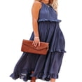 thumbnail image 2 of Femmes Été Robes Lâches Couleur Unie Col Carré Sans Manches Décontracté Robe d'Une Seule Pièce avec Ourlet à Volants pour Dames S / M / L, 2 of 7