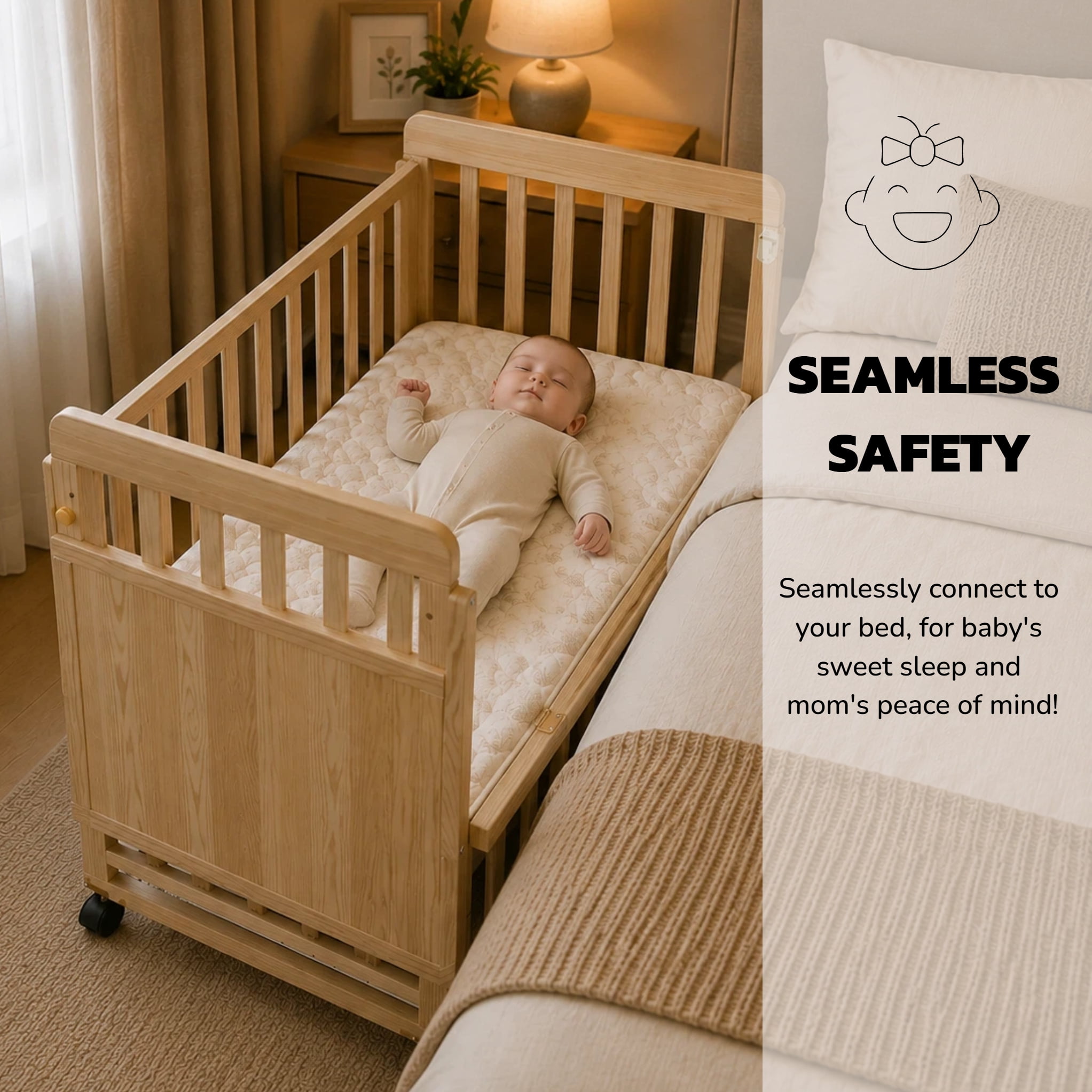 Mintazer Convertible Kids Crib with Changing Station & Height Adjustable, Bedside Bassinet with Lockable Wheels for Newborn Toddler, Natural (Mattress Included)