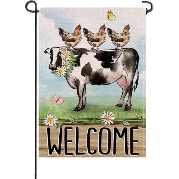Welcome Spring Summer Cow Chicken Hen Flag 12 x 18 Double Sided Burlap Farm Animals Rustic Farmhouse Decor