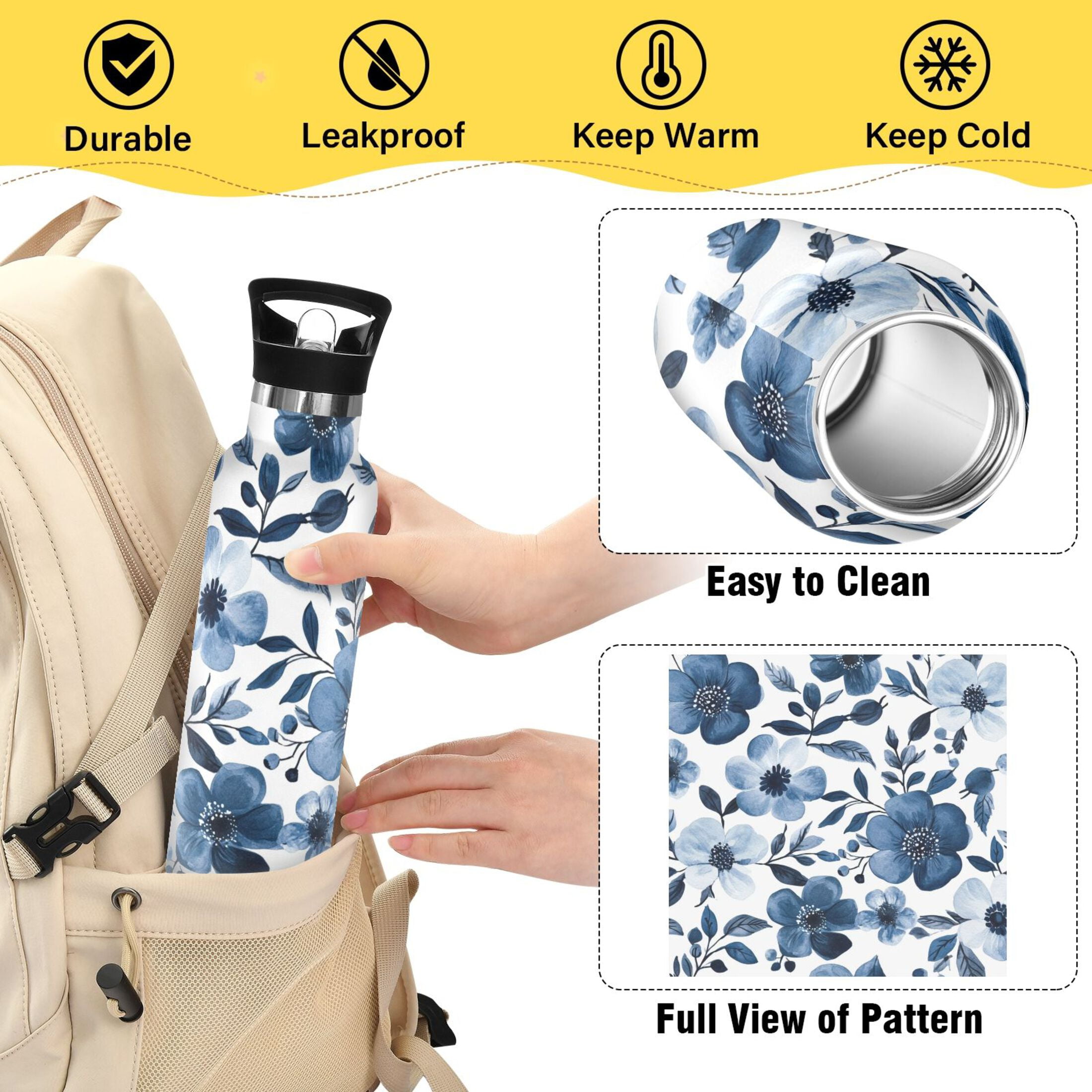 600ML Stainless Steel Insulated Cup Sports Water Bottle Portable Thermos Cup Water Glasses Insulated Tumblers Convenient and Durable Beautiful Navy Flowers