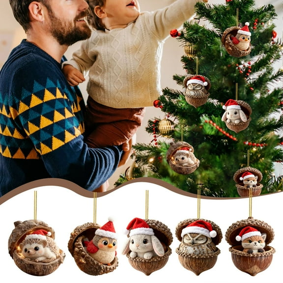 7pcs Forest Animal Acorn Ornaments – Cozy Forest Christmas Ornaments 2025 New Pine Cone Decoration Woodland Creature with Santa Hat Pattern 2D Acrylic Hanging Ornament Home Party Décor #C7