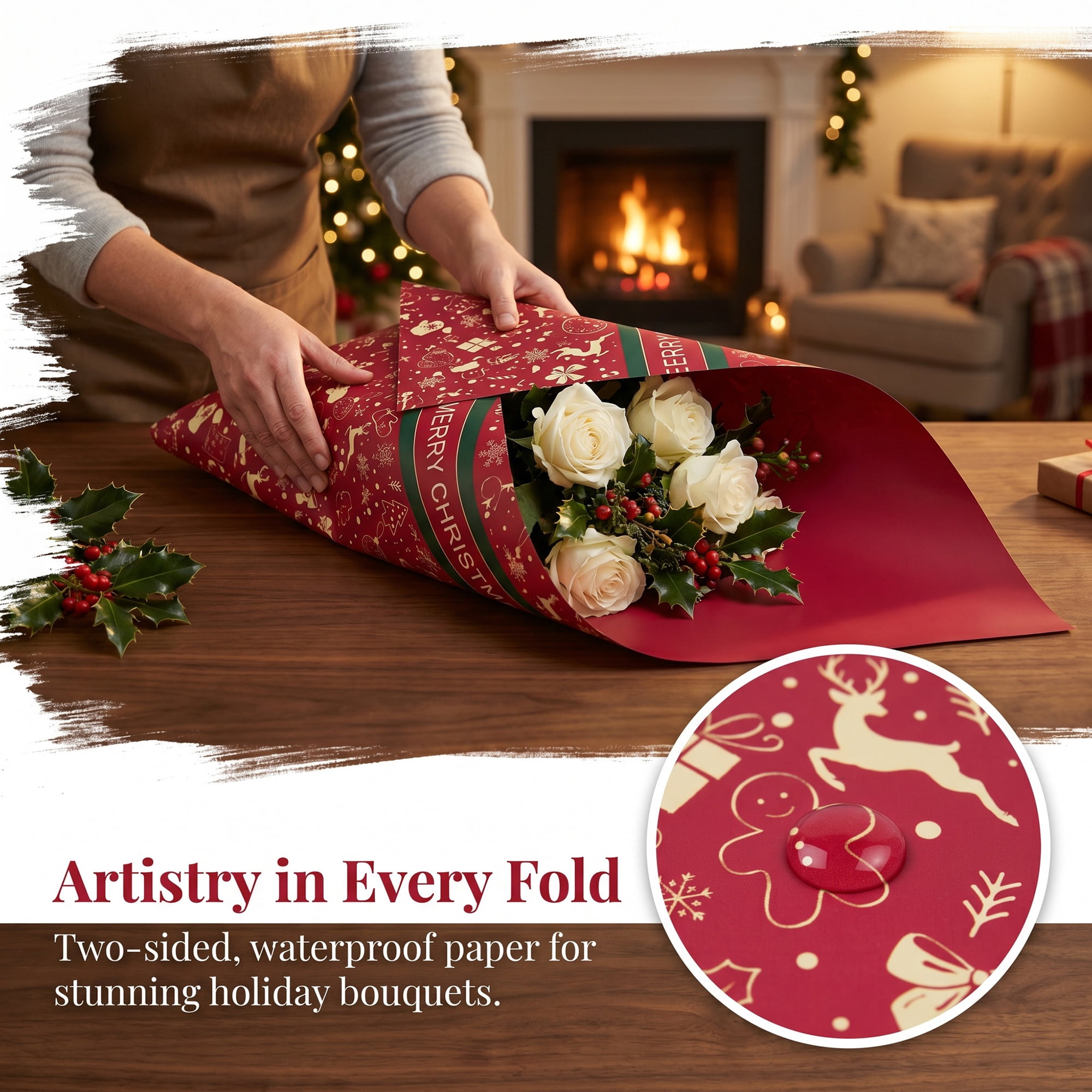 Unique Bargains Waterproof Matte Gift Wrap Paper for Bouquets Red Christmas 22"x 22"
