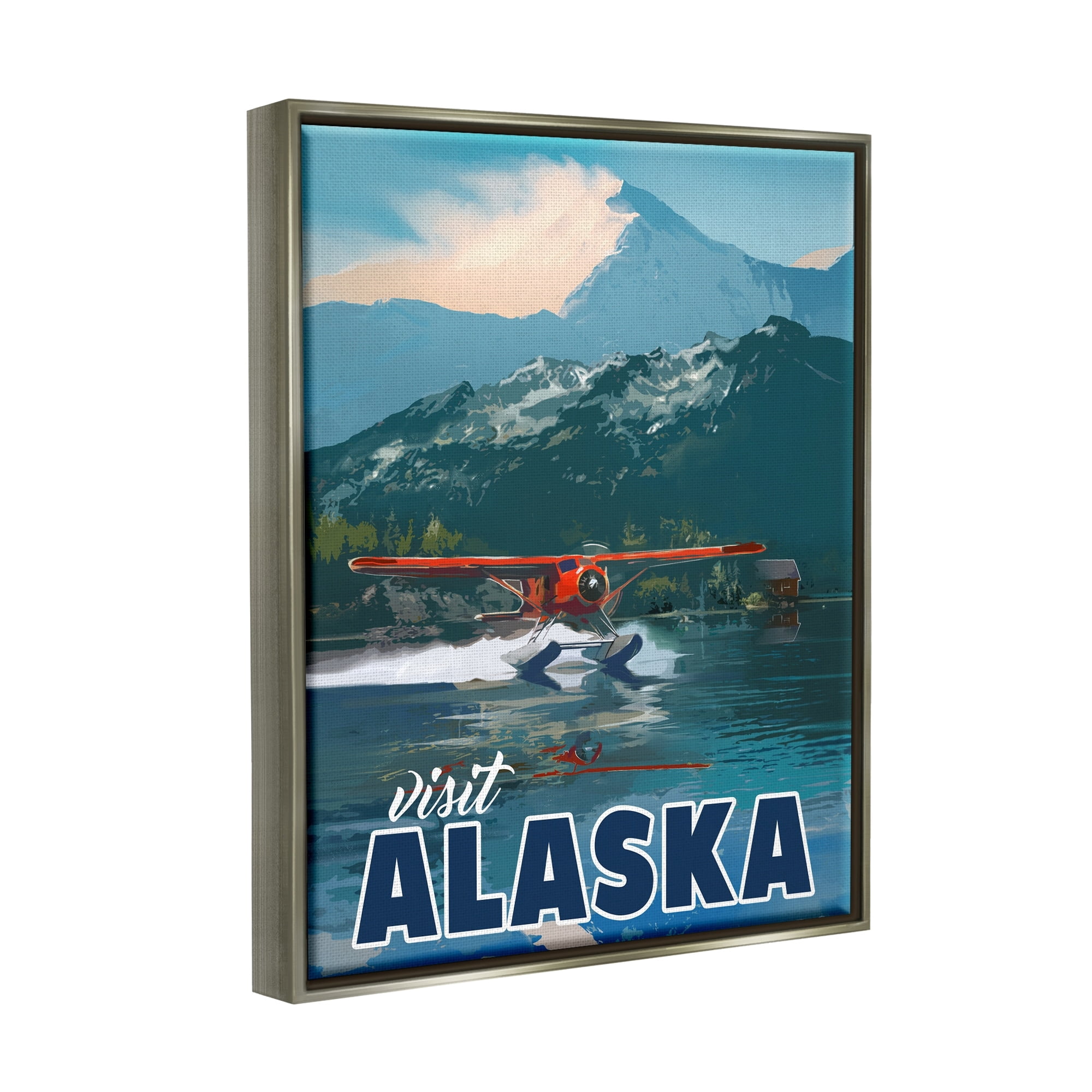 Stupell Industries Visit Alaska Seaplane Landing Snowy Mountain Scenery Graphic Art Luster Gray Floating Framed Canvas Print Wall Art, Design by David Owens Illustration