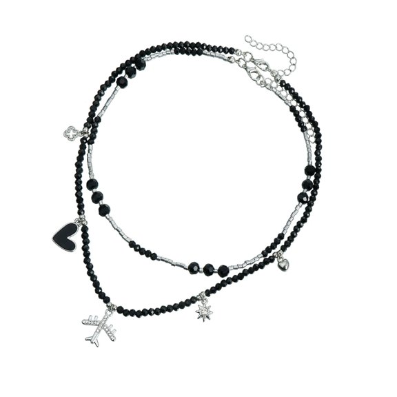 Adjustable Chain Gothic Plane Pendant Necklace with Black Beaded Charm and Crystals Glass Materials for Trendy Women