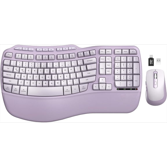 Purple Ergonomic Wireless Keyboard and Mouse Combo, 2.4G Full Size Ergo Wave Key Board , Natural Typing, 3 DPI Adjustable Silent Mouse