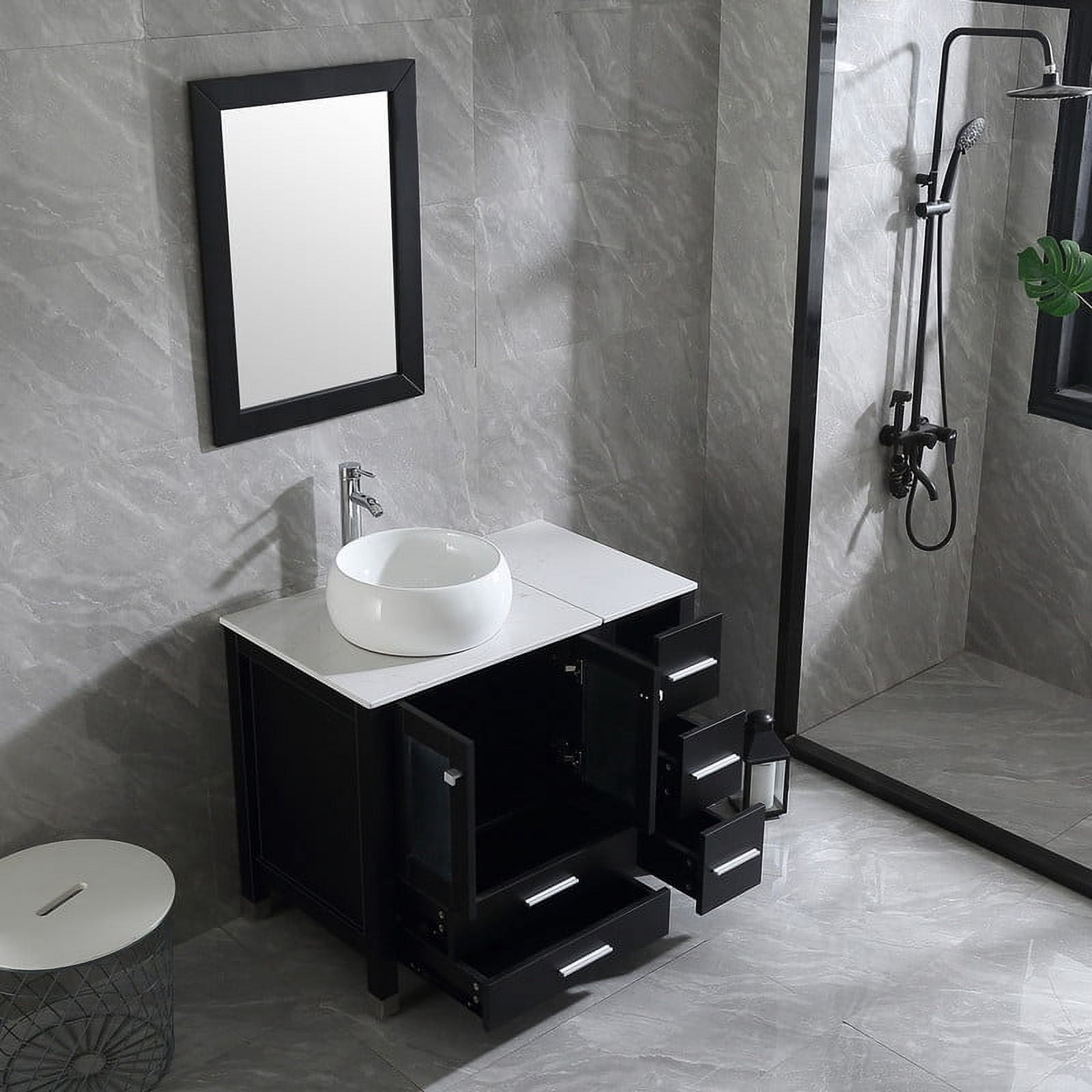 Wonline 36" Luxurious Bathroom Vanity and Sink Combo Wood Cabinet Top Round Ceramic Vessel Sink Faucet Drain Combo with Mirror Vanities Set,Black