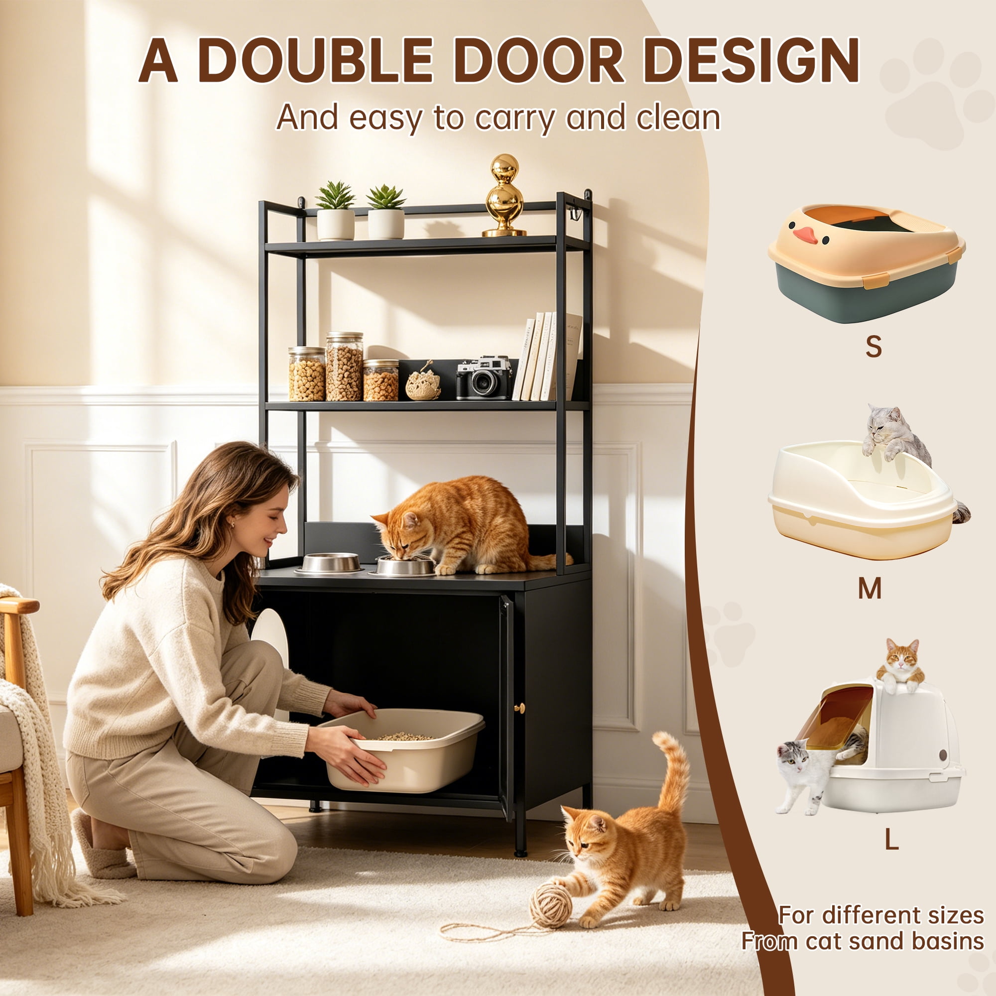 57" Tall Black Metal Cat Litter Box Enclosure, Hidden Litter Box Cabinet with 3-Tier Shelves, Doors & 4 S-Hooks, Odor Control Pet House for Large Cats