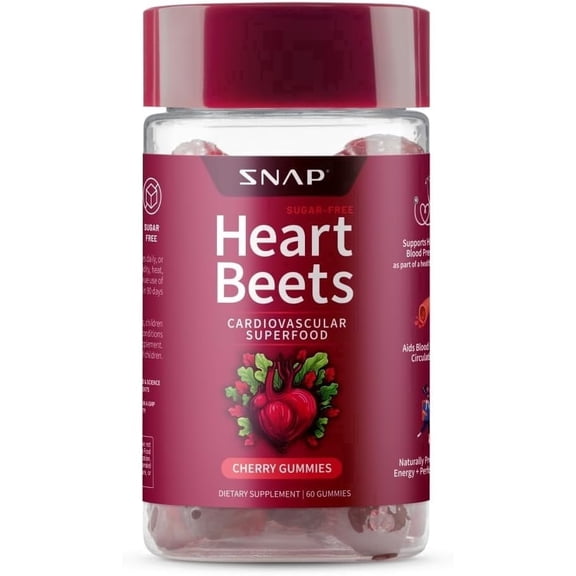 Snap Supplements Heart Beets Gummies with Beet Root and Pomegranate, Cherry, 60 Count, Adult Dietary Supplement, Convenient Chewable Gummy Formula, Designed for heart and circulation wellness