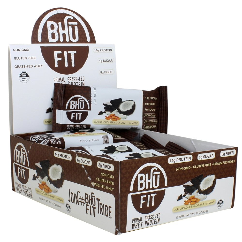 Bhu Fit GrassFed Whey Protein Bar, Dark Chocolate + Coconut + Almond