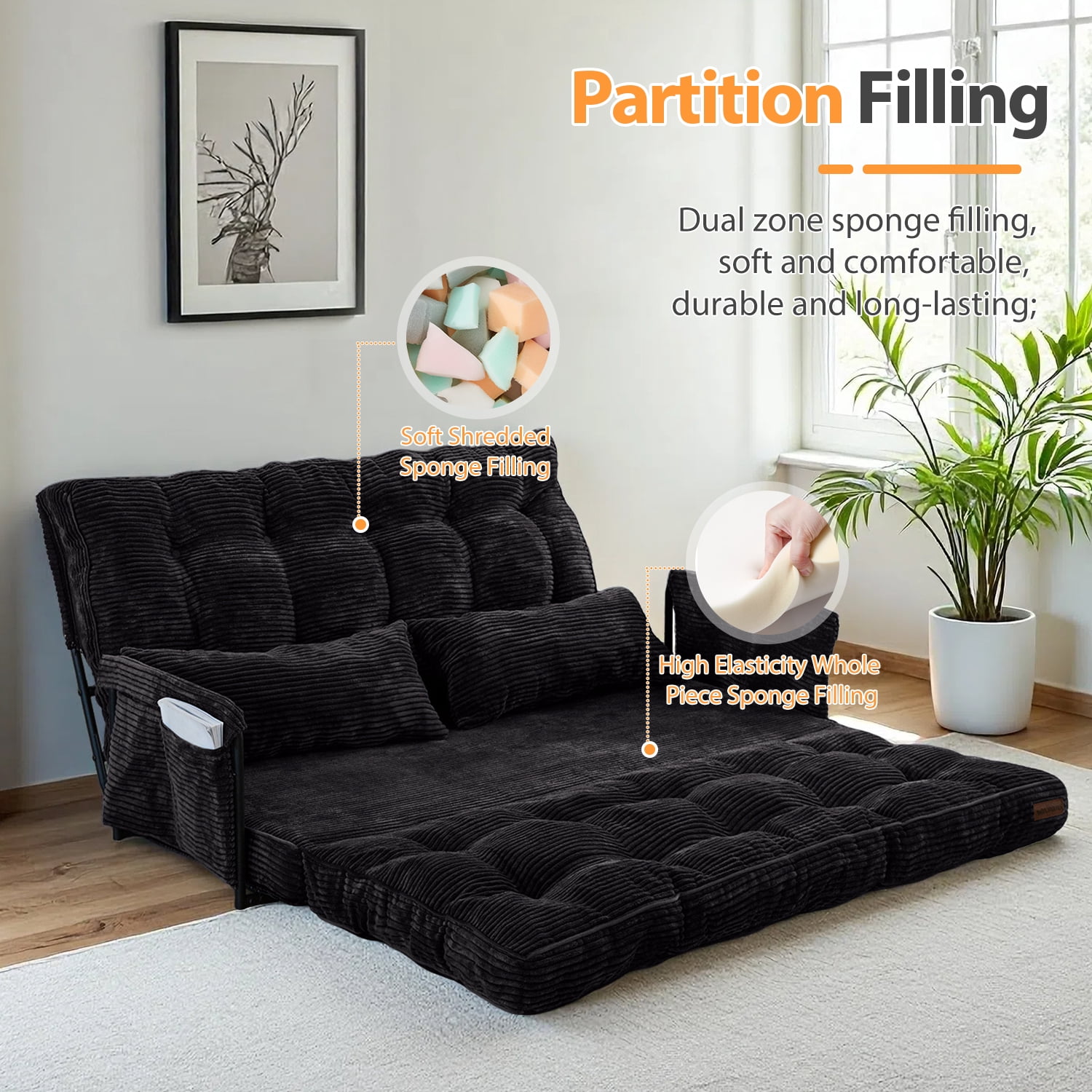 GOODONE Convertible Floor Sofa,Bean Bag Sofa with Pillows,Multifunctional Lazy Sofa with Pillows,Adult Reading Chair,Suitable for Bedroom or Living Room,Black,Loveseat