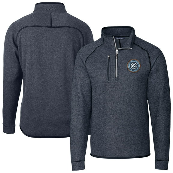 Men's Cutter & Buck Heather Navy New York City FC Mainsail Sweater-Knit Half-Zip Jacket