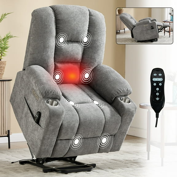 Power Lift Recliner Chair for Seniors with Massage and Heat, Extra Wide Heavy Duty Reclining Sofa with USB Ports and Cup Holders, Light Grey