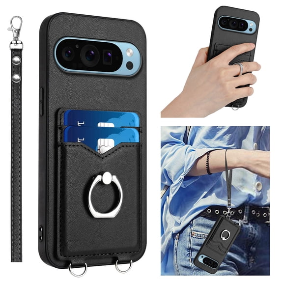 Allytechgroup Google Pixel 9 Wallet Case for Women Men, Premium PU Leather Shockproof Hand Wrist Slim Fit Back Cover Phone Case for Google Pixel 9, Black