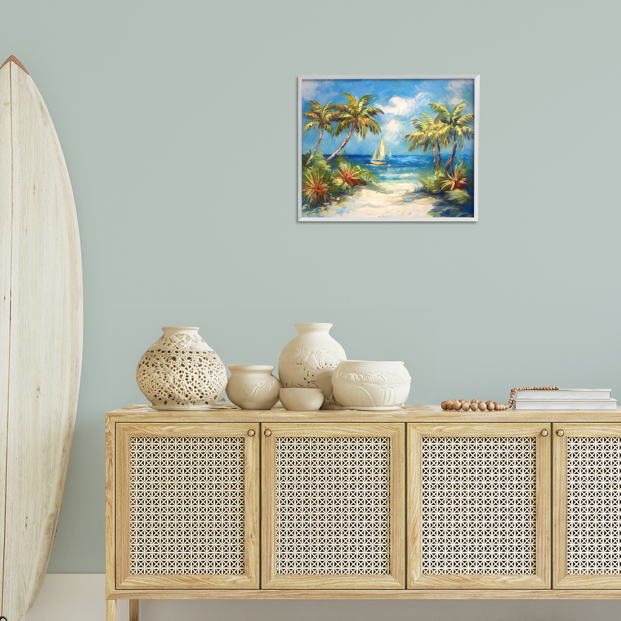 Stupell Industries Tropical Paradise Harbor Coastal Painting White Framed Art Print Wall Art, 20 x 16