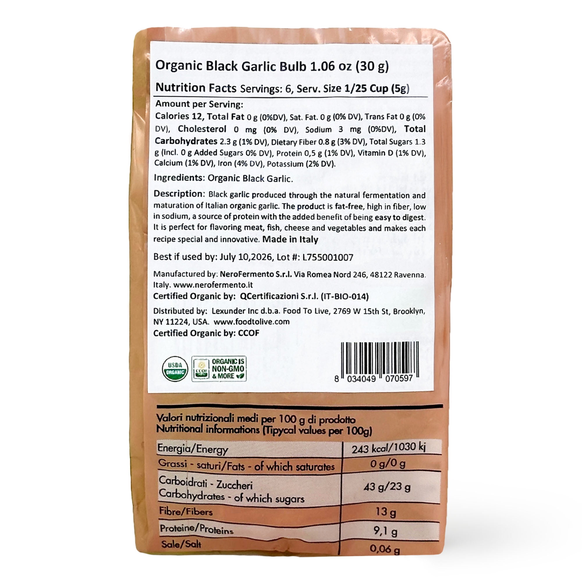 Nero Fermento Organic Black Garlic, 30gr – Whole Bulb Produced by Natural Fermentation, Vegan. Great on Meat, Fish, Cheese or to Season Pasta and Risotto (Pack of 3)