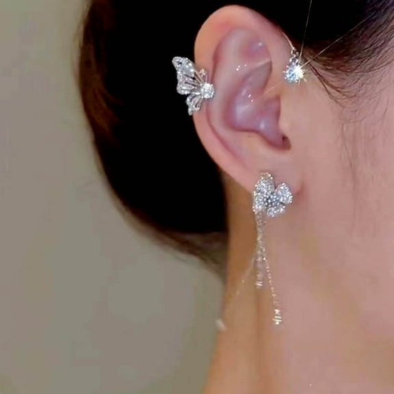 Rhinestone Butterfly Ear Cuffs Tassel Chain Dangle Earrings Non Piercing Flower Ear Cuffs Wrap Climber Crawler Earrings Boho Hollow Butterfly Earrings