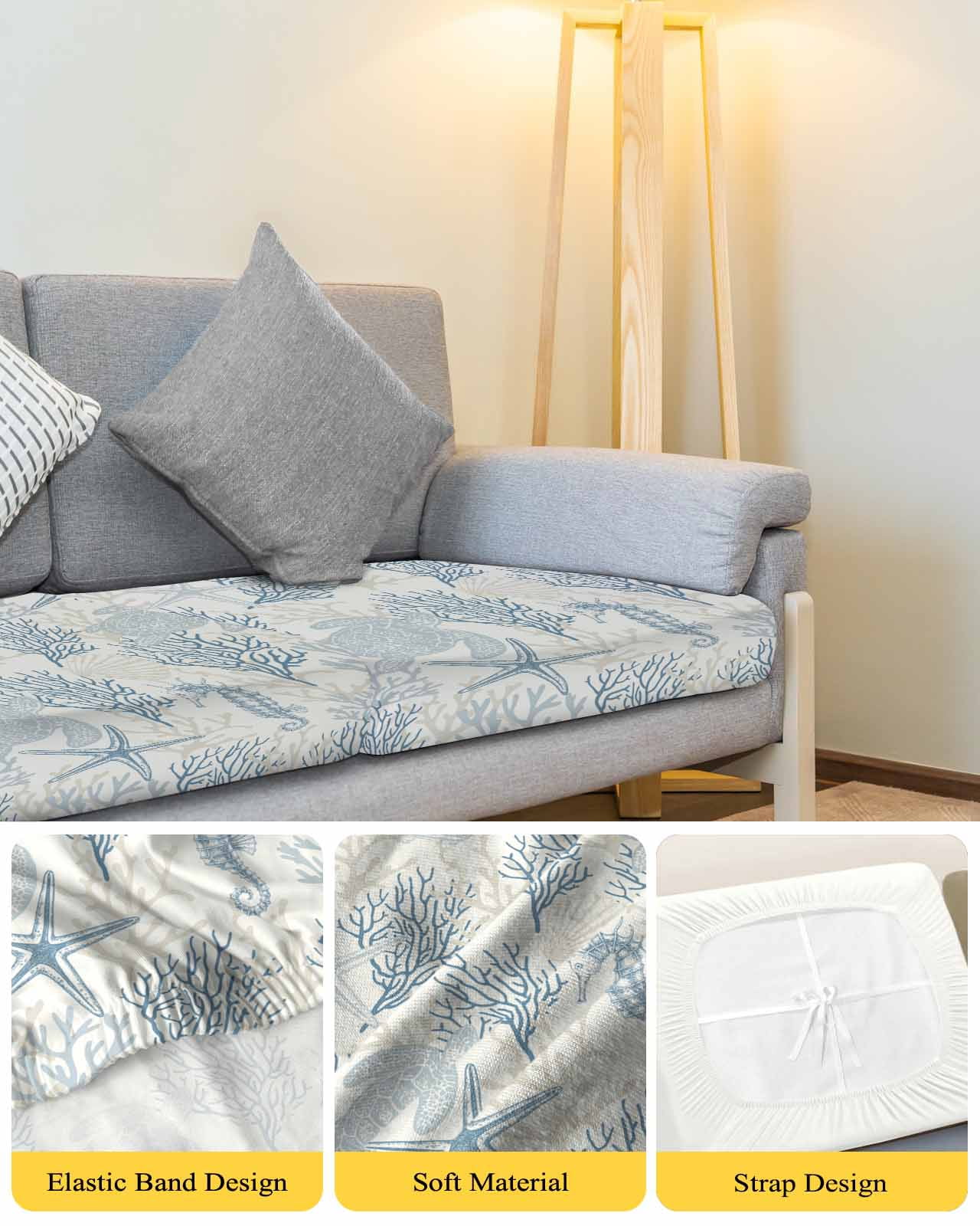 Blue Grey Coastal Couch Cushion Covers Stretch, Washable Sofa Seat Covers Individual Seat Cushion Sofa Slipcovers Sea Turtle Nautical Coral Summer Beach Couch Cover Furniture Protector S-1PCS