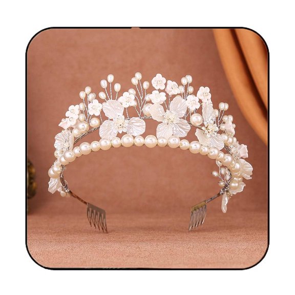 Flower Headband Silver Pearl Bride Wedding Tiara Crown Bridal Hair Accessories for Women and Girls