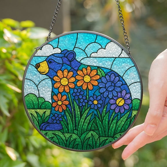Lotusprinthandmade Bear Froral Stained Glass Suncatcher for Window Hanging Cir6in