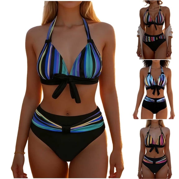 Sakmal Womens Bikini Sets Plunge Plus Size Swimwear Summer Striped Black Bathing Suits for Women L