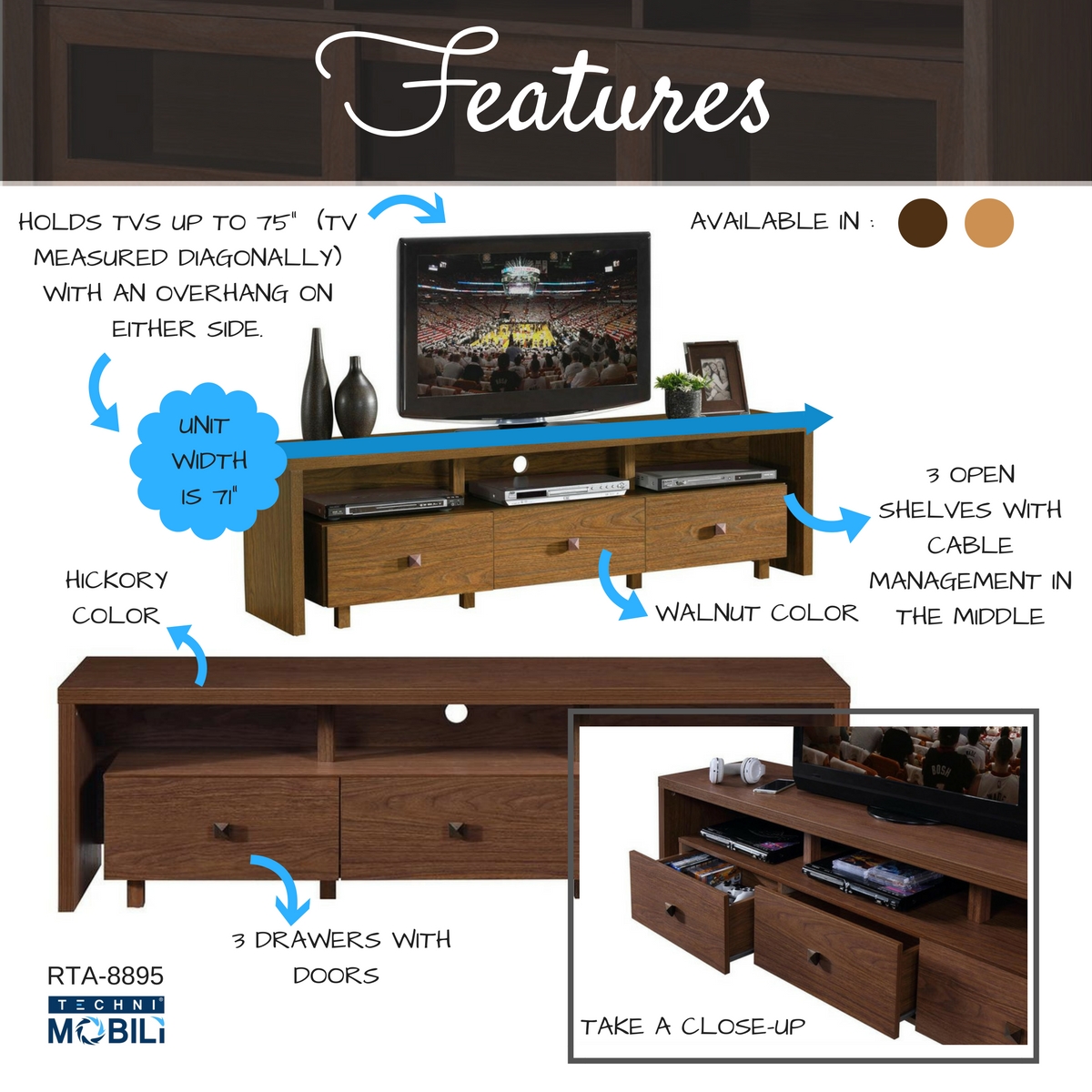 Techni Mobili Palma TV Cabinet for TVs up to 75", 3-Drawer Storage in Multiple Finishes - image 3 of 4