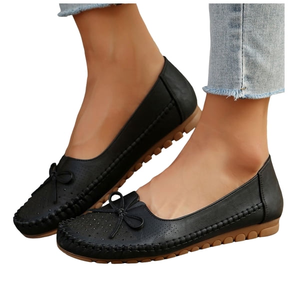 Rokment Womens Wedge Slip on Walking Loafers Vintage Bow Leather Low Heels Ballet Flat Dress Shoes Boho Beach Casual Spring Fall Footwear Black Size 6.5