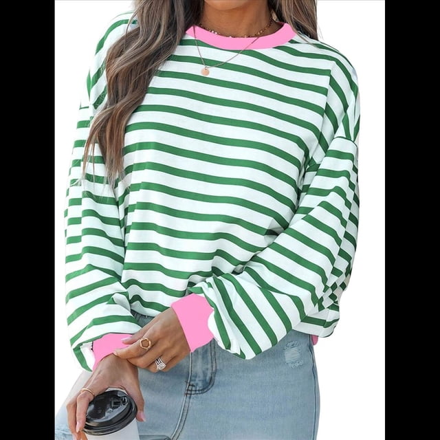Camisas de Larga para Mujer, Túnicas Holgadas con Cuello Redondo A Rayas y Bloques de Color de Otoño. Verde 4XL