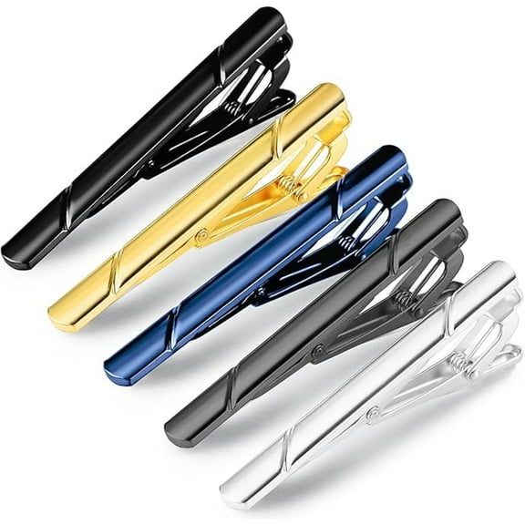 5 Pcs Tie Clips for Men, Tie Clip, Tie Pins for Men, Stainless Steel Tie Clips for Men for Men Classic Gold Silver Black Blue Ink Black Tone Tie Bar for Wedding Anniversary Business