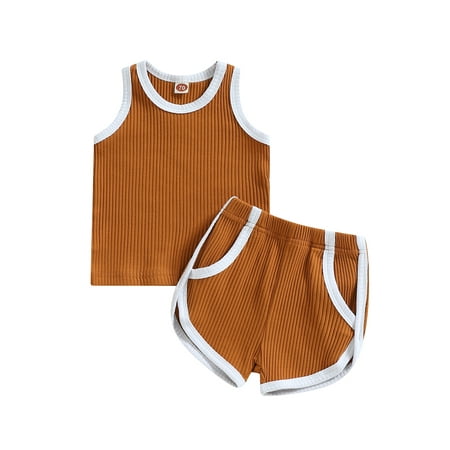 

jaweiwi Toddler Baby 2PCS Summer Clothes Set for Boys Girls Sleeveless Contrast Color Ribbed Tank Tops + Shorts Outfits