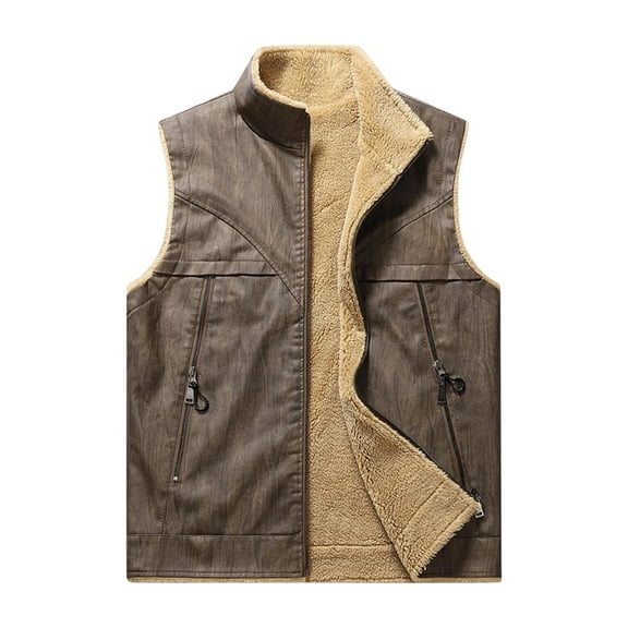 cocolona Mens Leather Solid Color Vintage Sleeveless Tops Winter Fleece Warm Vest with Pockets