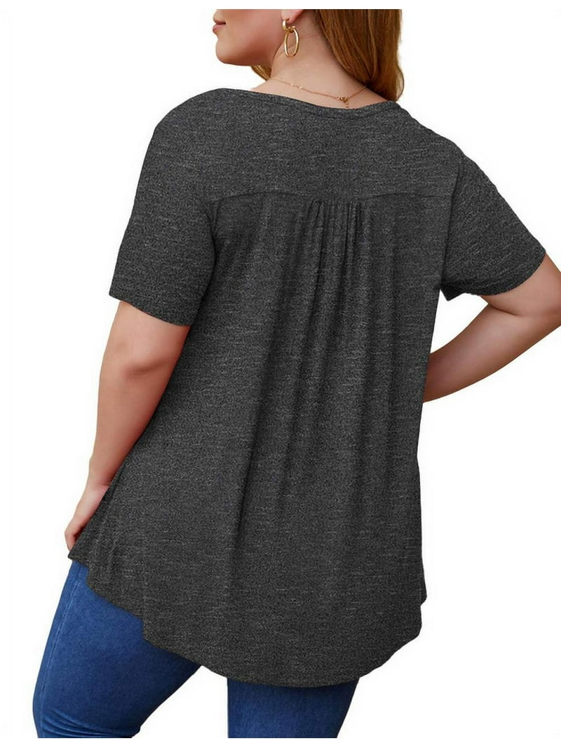 FOLUNSI Women's Plus Size Short Sleeve V-Neck Floral Tunic Top - Carbon Black, 2X