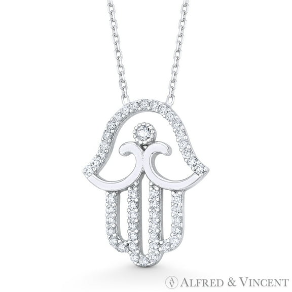 Hamsa Hand Evil Eye Charm CZ Crystal Pendant & Chain Necklace in .925 Sterling Silver