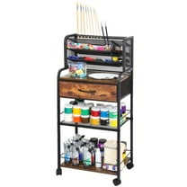 Small Rolling Utility Cart with Drawer - Metal/Wood Craft Storage with Lockable Wheels, 6-Tier Removable Dividers for Art Supplies, Paints & Office Organization