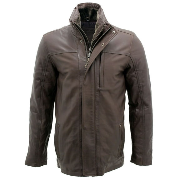 Mens Classic Warm Leather Mid Length Overcoat-Eastwood in Brown