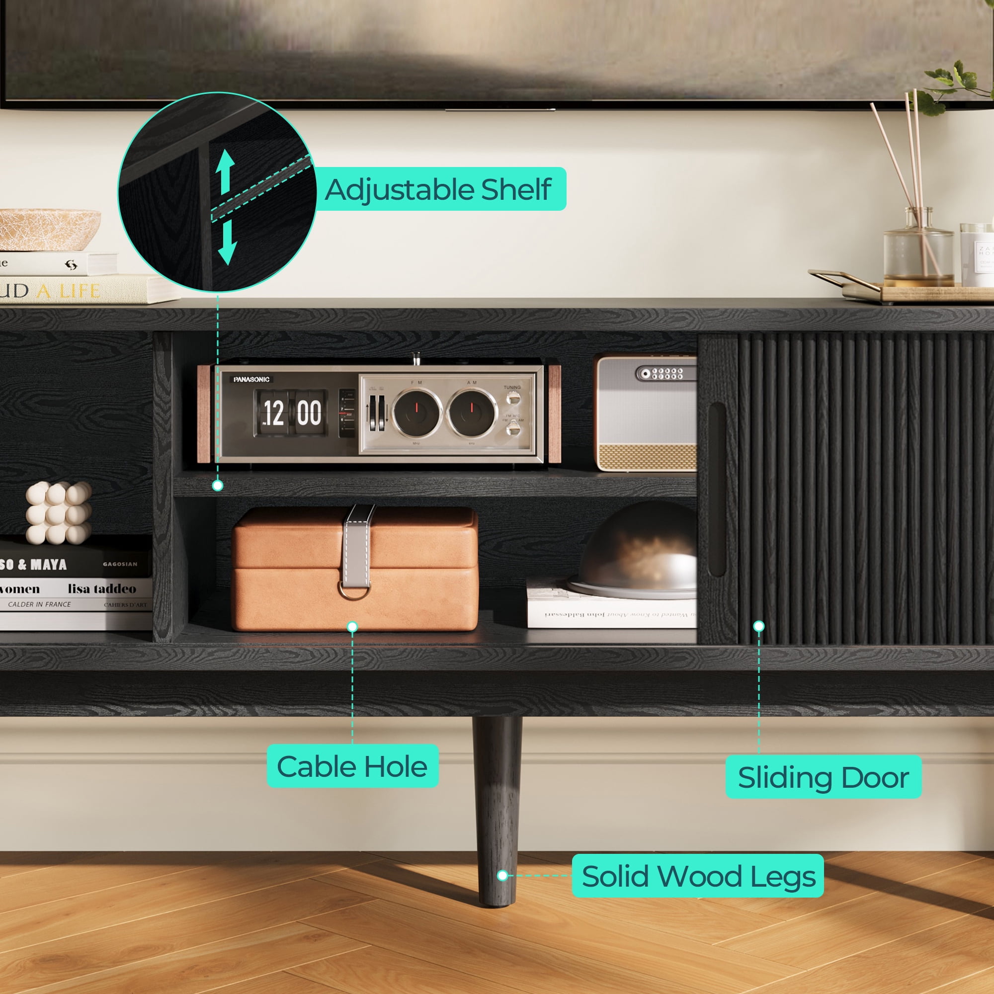 LINSY HOME Fluted TV Stand for TVs up to 65", Mid-Century Home Entertainment Center with Sliding Tambour Door and Adjustable Shelves, Black