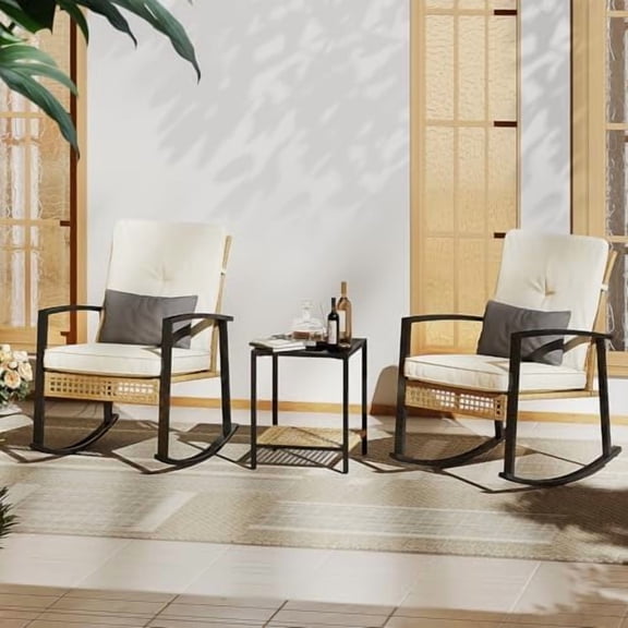 3 Pieces Outdoor Rocking Chairs Set of 2 with Thick Cushions and 2-Tier Coffee Table, Rocking Chairs Bistro Set with Durable PE Rattan for Front Porch and Balcony$$Garden &