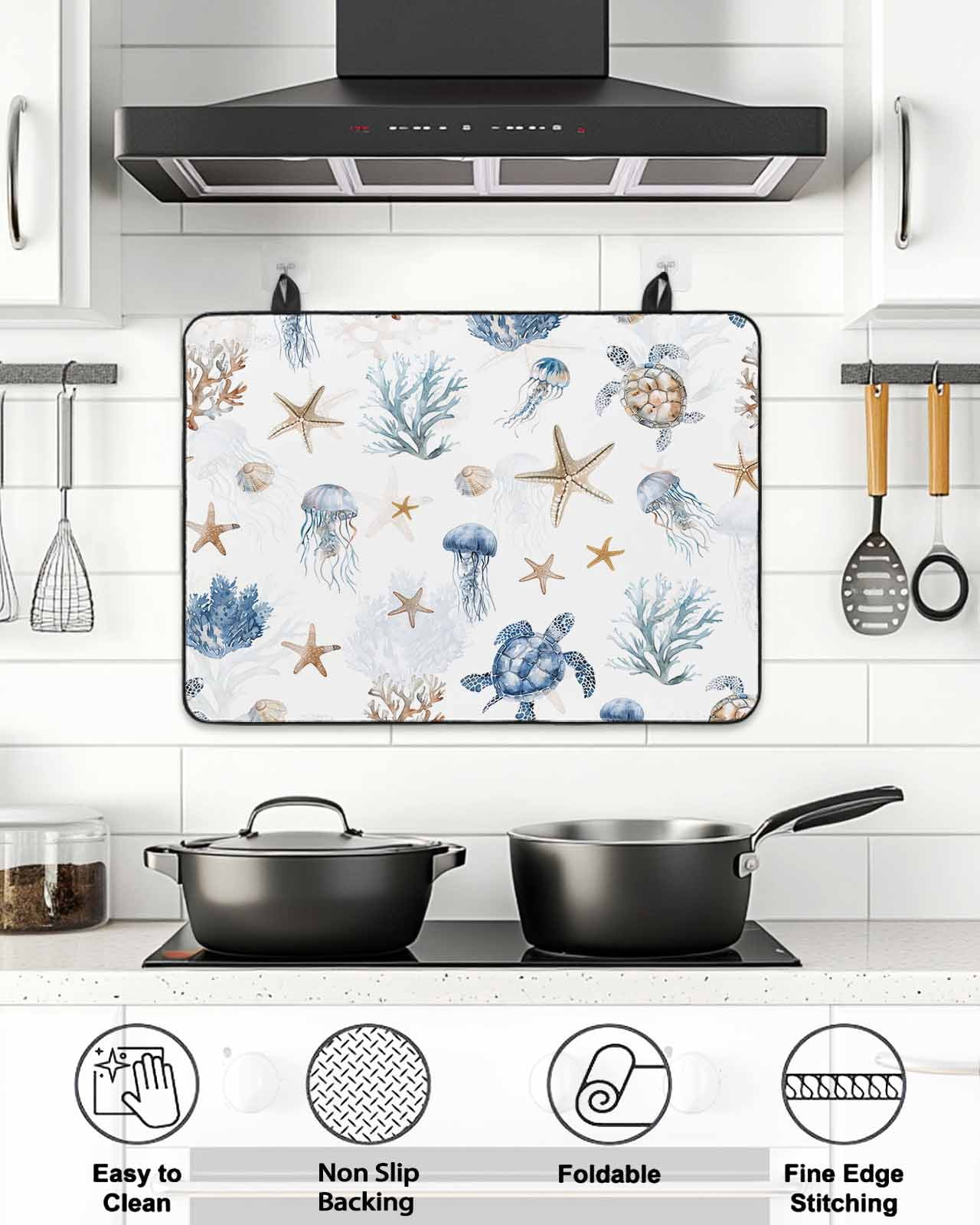 Stove Top Covers for Electric Stove, Blue Brown Coastal Glass Stovetop Cover Protector, Nautical Summer Beach Sea Turtle Induction Cooktop Protector Oven Mat for Kitchen Countertop 24"x21"